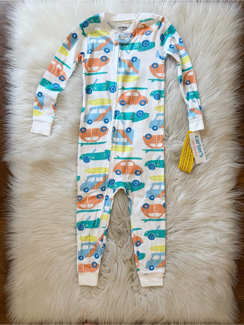 Carter's White One-Piece Footie Pajamas with Orange, Teal & Yellow Cars